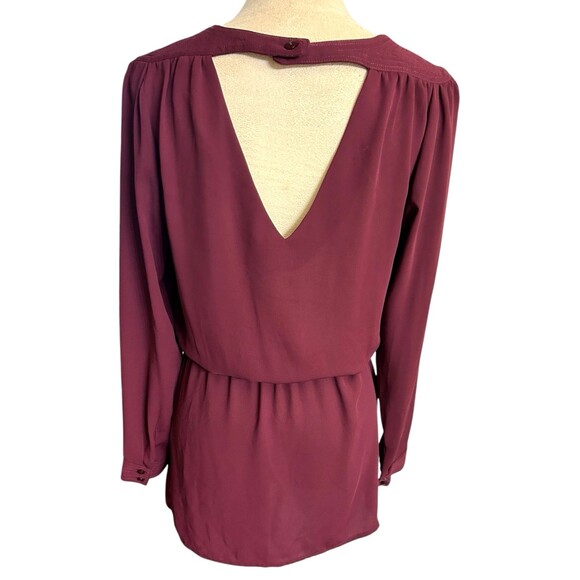 Cache Burgundy Wrap V Neck Back Long Sleeves Elastic Waist Mini Dress Sz S - Picture 2 of 12